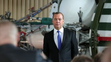 Deputy head of Russia's Security Council Dmitry Medvedev attends a meeting with officials and employees of the military industrial corporation "Scientific and Production Machine Building Association" in the town of Reutov in the Moscow region, Russia, April 25, 2023. Sputnik/Yekaterina Shtukina/Pool via REUTERS ATTENTION EDITORS - THIS IMAGE WAS PROVIDED BY A THIRD PARTY