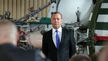 Deputy head of Russia's Security Council Dmitry Medvedev attends a meeting with officials and employees of the military industrial corporation "Scientific and Production Machine Building Association" in the town of Reutov in the Moscow region, Russia, April 25, 2023. Sputnik/Yekaterina Shtukina/Pool via REUTERS ATTENTION EDITORS - THIS IMAGE WAS PROVIDED BY A THIRD PARTY