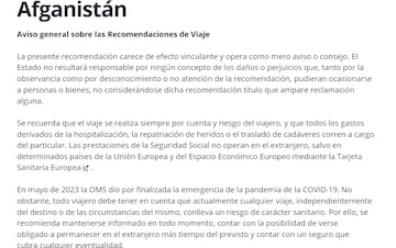 Imagen de las recomendaciones del Ministerio de Asuntos Exteriores de España sobre Afganistán