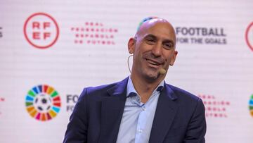 Luis Rubiales, durante su intervención en la iniciativa #FootballForTheGoals de la ONU este martes en la Ciudad del Fútbol de Las Rozas.