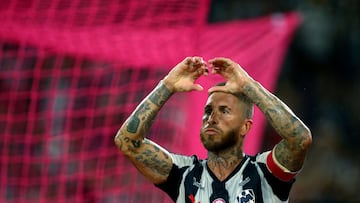 (FILES) Monterrey's Spanish defender #93 Sergio Ramos celebrates after scoring the equalising goal from the penalty spot during the Liga MX Apertura football tournament match between Monterrey and Pumas at BBVA Stadium in Monterrey, Nuevo Leon state, Mexico on October 18, 2025. Ramos confirmed late on December 6, 2025 that his time with Mexican club Rayados de Monterrey had come to an end, following their elimination in the semifinals of the 2025 Apertura tournament against Toluca. (Photo by Julio Cesar AGUILAR / AFP)