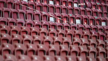 The empty stands are pictured ahead the German first division Bundesliga football match between VfB Stuttgart and Borussia Dortmund in Stuttgart, southwestern Germany, on April 10, 2021. (Photo by KAI PFAFFENBACH / POOL / AFP) / DFL REGULATIONS PROHIBIT A