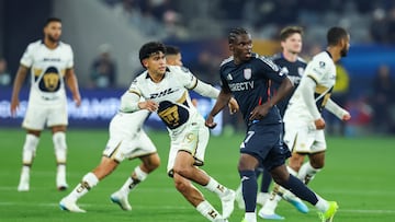 Feb 3, 2026; San Diego, California, USA; San Diego FC midfielder Alex Mighten (77) and Pumas UNAM defender Jesus Rivas (19) look on during the second half at Snapdragon Stadium. Mandatory Credit: Chadd Cady-Imagn Images