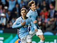 Bryan Zaragoza,futbolista del Celta, celebra el tanto anotado contra el Rayo Vallecano.