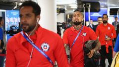 MOSCOW, RUSSIA - JUNE 18: Arturo Vidal (R) of Chile is seen on arrival at the stadium during the  FIFA Confederations Cup Russia 2017 Group B match between Cameroon and Chile at Spartak Stadium on June 18, 2017 in Moscow, Russia.  (Photo by Alex Livesey -