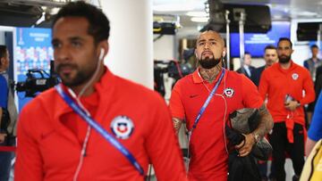 MOSCOW, RUSSIA - JUNE 18: Arturo Vidal (R) of Chile is seen on arrival at the stadium during the  FIFA Confederations Cup Russia 2017 Group B match between Cameroon and Chile at Spartak Stadium on June 18, 2017 in Moscow, Russia.  (Photo by Alex Livesey -