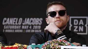 Canelo Alvarez attends a news conference for a middleweight title boxing match against Daniel Jacobs, Wednesday, May 1, 2019, in Las Vegas. The two are scheduled to fight Saturday in Las Vegas. (AP Photo/John Locher)