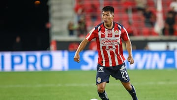 Jul 31, 2025; Harrison, New Jersey, USA; Chivas midfielder Daniel Aguirre (23) controls the ball during the second half against the New York Red Bulls at Sports Illustrated Stadium. Mandatory Credit: Vincent Carchietta-Imagn Images