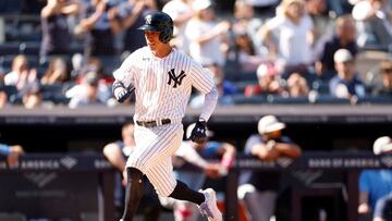 NEW YORK, NEW YORK - MAY 14: Oswaldo Cabrera #95 of the New York Yankees scores on an RBI single hit by Aaron Judge #99 (not pictured) during the seventh inning against the Tampa Bay Rays at Yankee Stadium on May 14, 2023 in the Bronx borough of New York City.   Sarah Stier/Getty Images/AFP (Photo by Sarah Stier / GETTY IMAGES NORTH AMERICA / Getty Images via AFP)