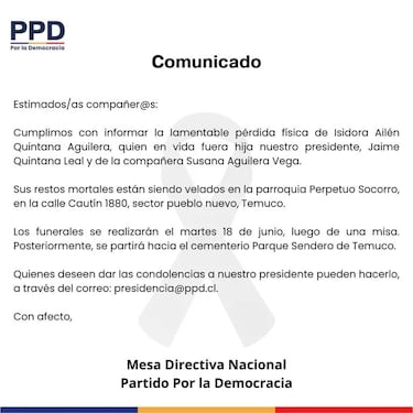 Muere hija del Senador Jaime Quintana: qué le pasó y reacciones a su fallecimiento