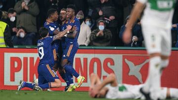 ELCHE, SPAIN - JANUARY 20:
Eden Hazard of Real Madrid celebrates his team after scoring during the Copa Del Rey match between Elche and Real Madrid at Estadio Martinez Valero on January 20, 2022 in Elche, Spain. (Photo by Aitor Alcalde/Getty Images)