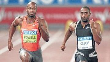 <b>LUCHA SIN CUARTEL. </b>El jamaicano Asafa Powell y el estadounidense Tyson Gay, ayer en Roma.