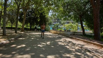 Un hombre corre sin camiseta en el parque Quinta de los Molinos, a 24 de julio de 2022, en el distrito de San Blas-Canillejas, Madrid (España). La Quinta de los Molinos y El Retiro son dos de los nueve parques que cierra esta tarde el ayuntamiento de Madrid ante la alerta roja meteorológica por altas temperaturas y rachas de viento. Quinta de los Molinos es un jardín de uso público cuyo origen era una finca de recreo rústico urbana con zonas de explotación agrícola, en él hay edificios y arquitecturas declaradas de alto interés. Cerrado en la totalidad de su perímetro tiene cinco puertas de entrada y es parcialmente accesible para personas con movilidad reducida.
24 JULIO 2022;VEGETACIÓN;ÁRBOLES;JARDINES;CALOR;GORRA;
Jesús Hellín   / Europa Press
24/07/2022