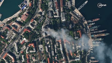 A satellite image shows smoke billowing from a Russian Black Sea Navy HQ after a missile strike, as Russia's invasion of Ukraine continues, in Sevastopol, Crimea, September 22, 2023.  PLANET LABS PBC/Handout via REUTERS    THIS IMAGE HAS BEEN SUPPLIED BY A THIRD PARTY.  NO RESALES. NO ARCHIVES. MANDATORY CREDIT. DO NOT OBSCURE LOGO