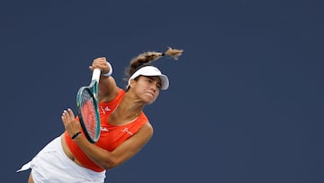 Mar 17, 2026; Miami Gardens, FL, USA; Jessica Bouzas Maneiro (ESP) serves against Katie Boulter (GBR)(not pictured) n day 1 of the 2026 Miami Open at Hard Rock Stadium. Mandatory Credit: Geoff Burke-Imagn Images