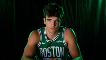 Hugo Gonzalez #28 of the Boston Celtics poses for a portrait during media day on September 29, 2025 at TD Garden in Boston, Massachusetts.