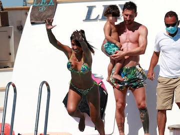 Soccerplayer Leo Messi with Antonella Roccuzzo and sons with Luis Suarez and Sofia Balbi with sons on holidays in Ibiza
