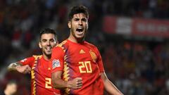 Spain&#039;s midfielder Marco Asensio (R) celebrates with Spain&#039;s midfielder Dani Ceballos after scoring a goal during the UEFA Nations League A group 4 football match between Spain and Croatia at the Manuel Martinez Valero stadium in Elche on Septem