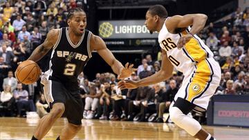 Feb 13, 2017; Indianapolis, IN, USA; San Antonio Spurs forward Kawhi Leonard (2) drives to the basket against Indiana Pacers forward Glenn Robinson III (40) at Bankers Life Fieldhouse. San Antonio defeats Indiana 110-106. Mandatory Credit: Brian Spurlock-USA TODAY Sports