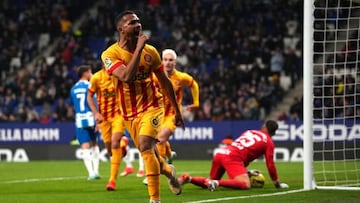 BARCELONA, SPAIN - JANUARY 07: Yangel Herrera of Girona FC celebrates after scoring the team's second goal during the LaLiga match between Espanyol and Girona at RCDE Stadium on January 07, 2023 in Barcelona, Spain. (Photo by Alex Caparros/Getty Images)