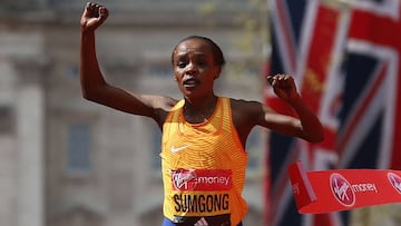 Sumgong wins women's London Marathon despite fall