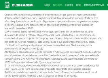 Dayro Moreno no llegará a Pumas según Atlético Nacional