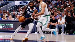 Jun 14, 2024; Dallas, Texas, USA; Dallas Mavericks guard Kyrie Irving (11) drives to the basket against Boston Celtics guard Derrick White (9) during the third quarter during game four of the 2024 NBA Finals at American Airlines Center. Mandatory Credit: Peter Casey-USA TODAY Sports