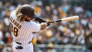 SAN DIEGO, CA - JUNE 22: Jorge Alfaro #38 of the San Diego Padres hits a home run in the sixth inning against the Arizona Diamondbacks on June 22, 2022 at Petco Park in San Diego, California. (Photo by Matt Thomas/San Diego Padres/Getty Images)