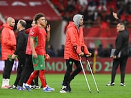 Morocco's injured midfielder #08 Azzedine Ounahi walks on the pitch the Africa Cup of Nations (CAN) round of 16 football match between Morocco and Tanzania at Prince Moulay Abdallah Stadium in Rabat on January 4, 2026. (Photo by SEBASTIEN BOZON / AFP)