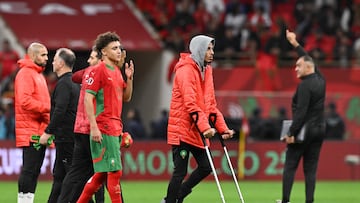 Morocco's injured midfielder #08 Azzedine Ounahi walks on the pitch the Africa Cup of Nations (CAN) round of 16 football match between Morocco and Tanzania at Prince Moulay Abdallah Stadium in Rabat on January 4, 2026. (Photo by SEBASTIEN BOZON / AFP)