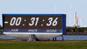 NASA's next-generation moon rocket, the Space Launch System (SLS) rocket with its Orion crew capsule perched on top, stands on launch pad 39-B when the countdown for a wet dress rehearsal was stopped at T-minus 31 minutes and 36 seconds due to a stuck vent valve at Cape Canaveral, Florida, U.S. April 4, 2022. REUTERS/Thom Baur