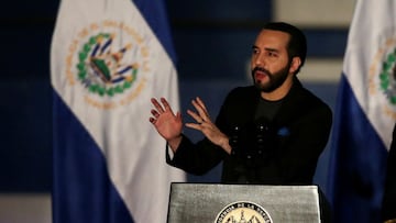 El Salvador&#039;s President Nayib Bukele speaks during a deployment ceremony for the Territorial Control plan and army officers&#039; graduation.