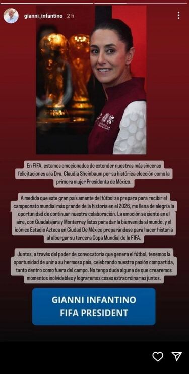 Gianni Infantino felicitó a Claudia Sheinbaum tras ganar la presidencia de México