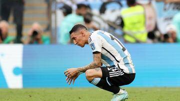 LUSAIL CITY, QATAR - NOVEMBER 22: Angel Di Maria of Argentina reacts after the 2-1 loss during the FIFA World Cup Qatar 2022 Group C match between Argentina and Saudi Arabia at Lusail Stadium on November 22, 2022 in Lusail City, Qatar. (Photo by Catherine Ivill/Getty Images)