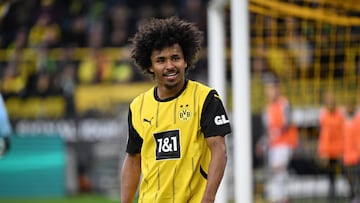 Dortmund's German forward #27 Karim Adeyemi reacts during the German first division Bundesliga football match between BVB Borussia Dortmund and Mainz 05 in Dortmund, western Germany, on March 30, 2025. (Photo by UWE KRAFT / AFP) / DFL REGULATIONS PROHIBIT ANY USE OF PHOTOGRAPHS AS IMAGE SEQUENCES AND/OR QUASI-VIDEO