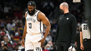 CLEVELAND, OHIO - JANUARY 17: James Harden #13 of the Brooklyn Nets reacts after a foul during the third quarter against the Cleveland Cavaliers at Rocket Mortgage Fieldhouse on January 17, 2022 in Cleveland, Ohio. The Cavaliers defeated the Nets 114-107. NOTE TO USER: User expressly acknowledges and agrees that, by downloading and/or using this photograph, user is consenting to the terms and conditions of the Getty Images License Agreement. Jason Miller/Getty Images/AFP
== FOR NEWSPAPERS, INTERNET, TELCOS & TELEVISION USE ONLY ==