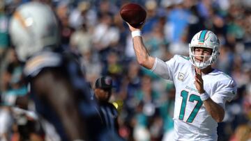 Nov 13, 2016; San Diego, CA, USA; Miami Dolphins quarterback Ryan Tannehill (17) passes during the first quarter against the San Diego Chargers at Qualcomm Stadium. Mandatory Credit: Jake Roth-USA TODAY Sports