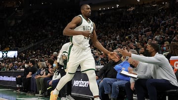 Serge Ibaka #25 of the Milwaukee Bucks walks to the bench during the first half of a game against the Indiana Pacers at Fiserv Forum on February 15, 2022 in Milwaukee, Wisconsin.