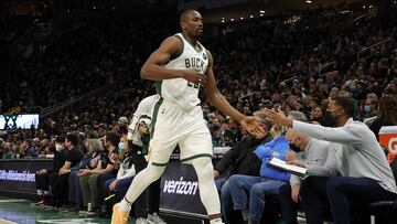 Serge Ibaka #25 of the Milwaukee Bucks walks to the bench during the first half of a game against the Indiana Pacers at Fiserv Forum on February 15, 2022 in Milwaukee, Wisconsin.