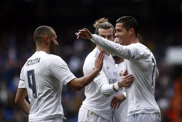 Karim Benzema (28 goles), Gareth Bale (19 goles) y Cristiano Ronaldo (51 goles)