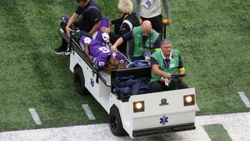 Vikings safety Lewis Cine will stay in London to have surgery on a compound leg fracture he suffered in the Vikings win over the Saints on Sunday.