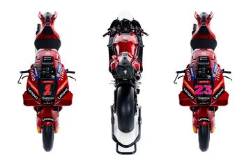 Ducati ha presentado en Madonna di Campiglio a sus equipos de MotoGP y Superbike para la temporada 2023. Los detalles de la Desmosedici son un propulsor 4 tiempos V4 a 90?, refrigeraci¨®n por l¨ªquido, distribuci¨®n desmodr¨®mica con doble ¨¢rbol de levas en cabeza y 4 v¨¢lvulas por cilindro.