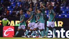 Stiven Jaine Barreiro celebrates 0-1 of Leon during the game Puebla vs Leon, corresponding to the Quarterfinals first leg match of the Torneo Apertura Grita Mexico A21 of the Liga BBVA MX, at Cuauhtemoc Stadium, on November 25, 2021.
 
 &lt;br&gt;&lt;br&g