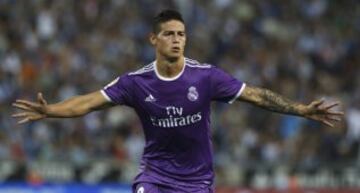 James celebrates his opening goal.