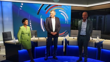 Sahra Wagenknecht, leader of Germany's Sahra Wagenknecht Alliance party (BSW), Co-leader of the German left-wing party The Left (Die Linke) Jan van Aken and Social Democratic Party (SPD) General Secretary Matthias Miersch stand ahead of a TV duel before the general election in Berlin, Germany, February 20, 2025. REUTERS/Fabrizio Bensch/Pool