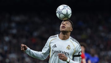 Real Madrid's French forward #10 Kylian Mbappe controls the ball during the UEFA Champions League league phase day 7 football match between Real Madrid CF and AS Monaco at Santiago Bernabeu Stadium in Madrid on January 20, 2026. (Photo by Thomas COEX / AFP)