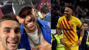 Pierre-Emerick Aubameyang bajó al vestuario culé a festejar con sus antiguos compañeros la victoria ante el Real Madrid.