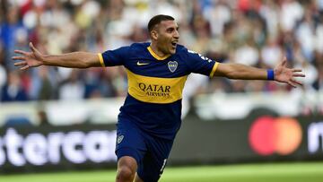 Argentina's Boca Juniors' Ramon Abila celebrates after scoring during a Copa Libertadores football match between Ecuador's Liga de Quito and Argentina's Boca Juniors in Quito, Ecuador, on August 21, 2019. (Photo by RODRIGO BUENDIA / AFP)