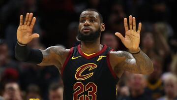 CLEVELAND, OH - APRIL 29: LeBron James #23 of the Cleveland Cavaliers looks on late in the fourth quarter while playing the Indiana Pacers in Game Seven of the Eastern Conference Quarterfinals during the 2018 NBA Playoffs at Quicken Loans Arena on April 2