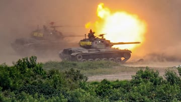 CM-11 tanks fire artillery during the 2-day live-fire drill, amid intensifying threats military from China, in Pingtung county, Taiwan, 7 September 2022. Taipei has been receiving more arms sales and weapons from the US, while fostering its ties with countries like Japan, the UK, Canada and India, as Beijing vows to unify Taiwan without excluding the possibility of using force. (Photo by Ceng Shou Yi/NurPhoto via Getty Images)